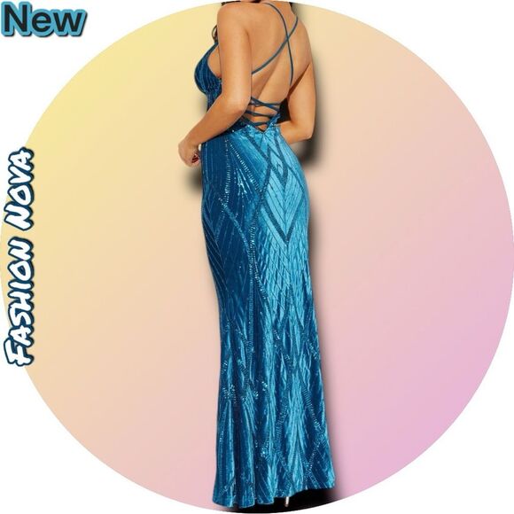 New NWT Fashion nova Aurora Velvet Sequin Gown - Teal - Medium - Picture 3 of 4